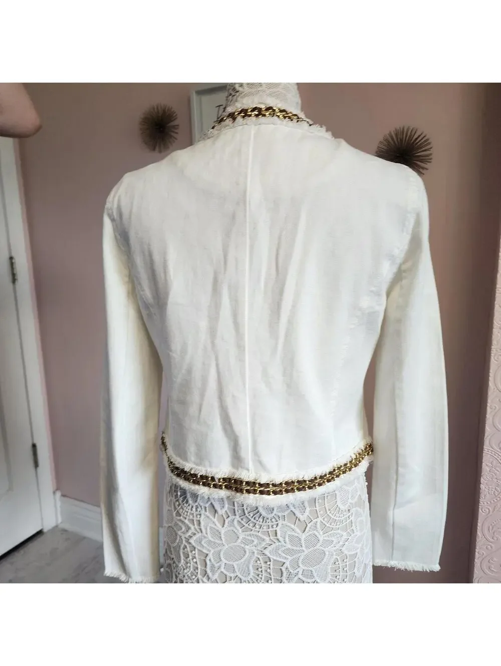 Michael Kors White Denim Jacket Gold Chain Trim Fringe Blazer 12